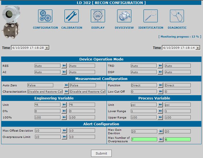 AssetView 4.2 - Manual do Usuário Figura 4.4. Página de Reconciliação do Instrumento Os valores de parâmetros que diferem entre os momentos de configurações selecionados nos menus Time são indicados na página de reconciliação.