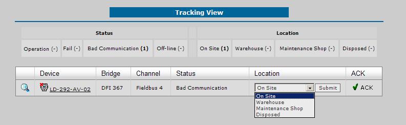 Monitorando o Estado dos Instrumentos Definindo a localização do instrumento Para definir a localização de um instrumento na lista de rastreamento, clique na caixa de opções na coluna Location