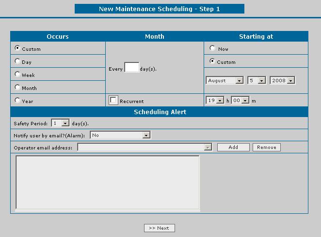 A página de programação da manutenção será mostrada: Figura 8.9. Manutenção de Instrumentos 1. No campo Occurs, selecione a ocorrência da manutenção: personalizada, diária, semanal, mensal ou anual.