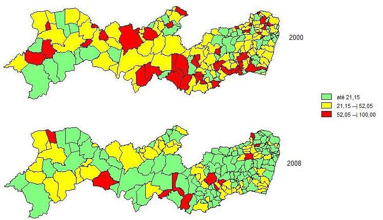 13 RESULTADOS A figura 1 mostra a distribuição dos municípios do Estado de Pernambuco, nos anos de 2000 e 2008.