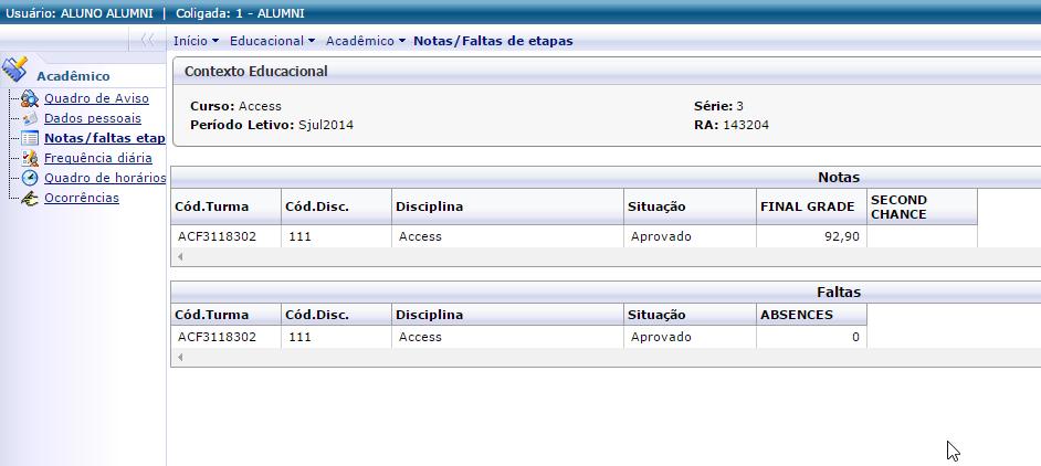 Como consultar minha nota final e total de faltas durante o curso?