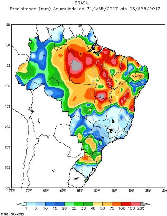 Figura 1 - Precipitação observada (mm) no período de 31/03 a 06/04/17 A Tabela 1 apresenta as energias naturais afluentes das semanas recentes.