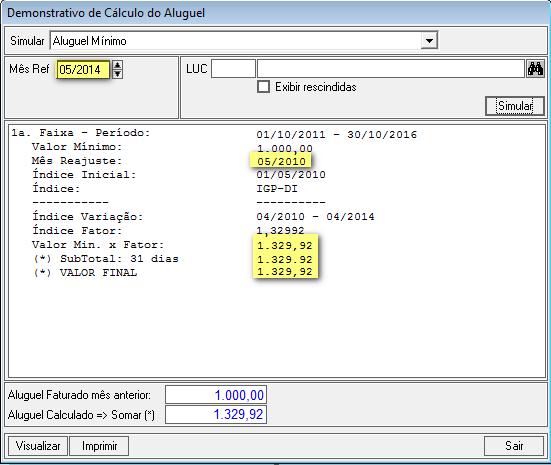 Exemplo: Data para reajuste cadastrado no contrato de locação no dia 01/05/2010, com data de
