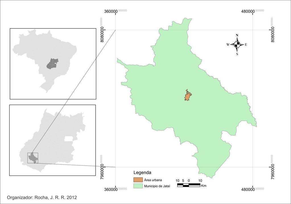Figura 1 Localização da área de estudo, cidade de Jataí-GO Os totais pluviométricos mensais e anuais foram obtidos através de pluviógrafos do Projeto clima urbano de Jataí, instalado no perímetro