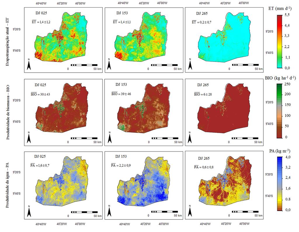 Tabela 2: Valores médios e desvios padrões dos parâmetros de entrada para a modelagem da produtividade da água (PA) em larga escala, nas condições semiáridas do município de Juazeiro/BA, Nordeste do