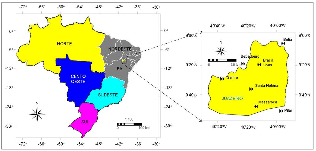 Figura 1: Localização do município de Juazeiro, Estado da Bahia (BA), Nordeste do Brasil, e estações agrometeorológicas (setas pretas) utilizadas para o processo de interpolação dos parâmetros