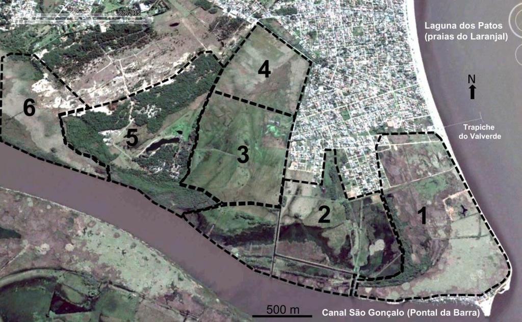 Figura 2 - Área de estudo: 1 Banhado do Pontal da Barra; 2 Banhados e charcos interiores do Pontal da Barra; 3 Campos e charcos; 4 Banhado turfoso; 5 Matas das Dunas e arredores; 6 Banhados turfosos,