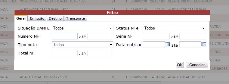 Na parte inferior da tela podem ser vistos alguns botões. O botão Atualizar atualiza a lista de NFes. O botão Filtrar apresenta várias opções de filtro.