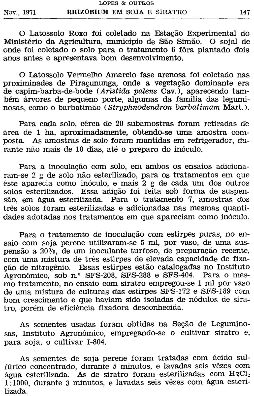 O Latossolo Roxo foi coletado na Estação Experimental do Ministério da Agricultura, município de São Simão.