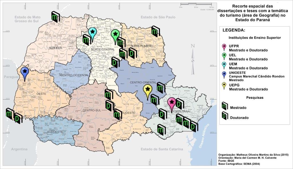 Figura 01: Recorte Espacial das dissertações e teses com a temática do turismo (área de Geografia) no Estado do Paraná Fonte: IBGE/IPARDES Organização: MARTINS DA SILVA, 2015 O Sumário Executivo do