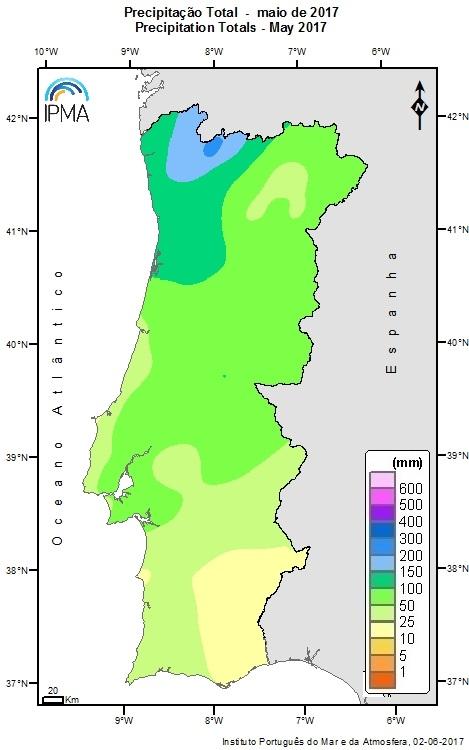 Figura 7 Distribuição espacial da precipitação total e respetiva percentagem em relação à média em maio.