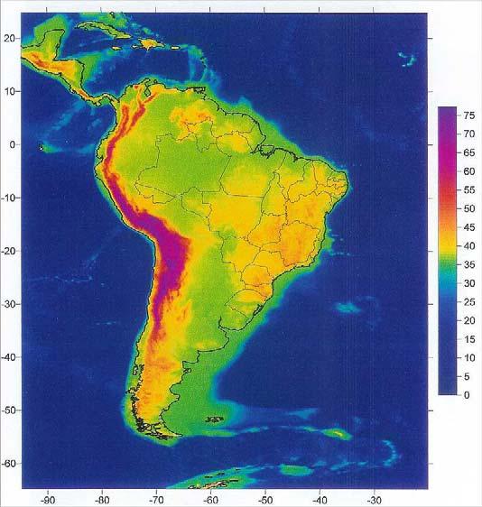 (Sá, 2004)  Modelo de espessura crustal gravimétrica da América