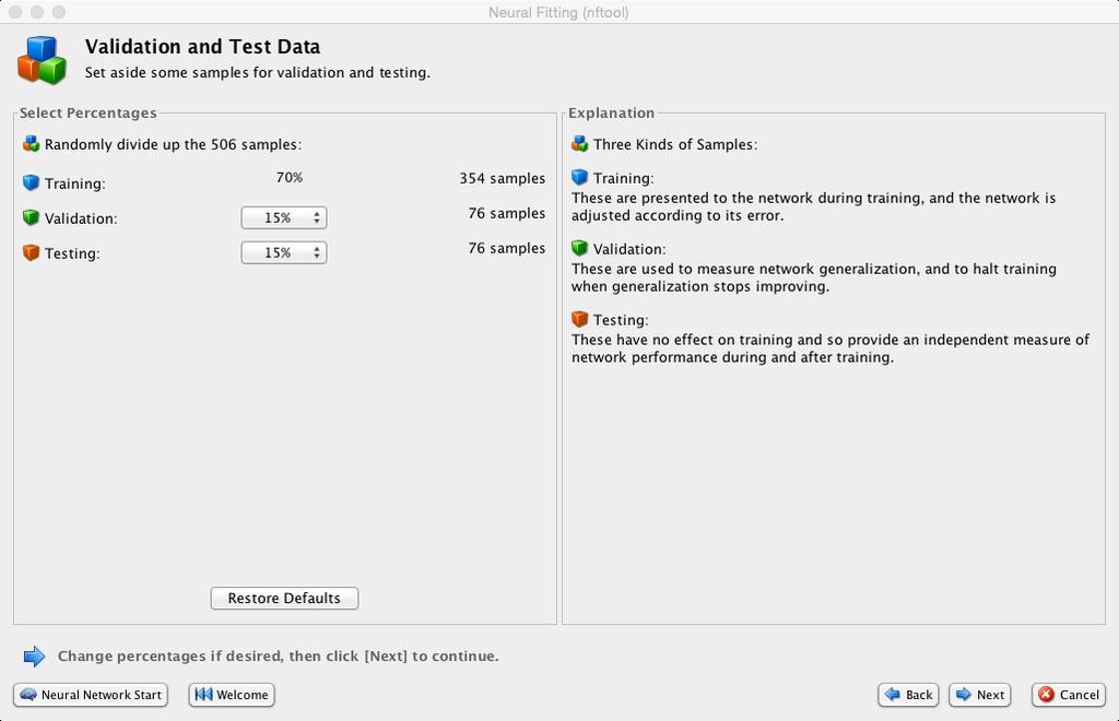 4) Clique no botão Next para mostrar a caixa de diálogo Validation and Test Data mostrada abaixo.