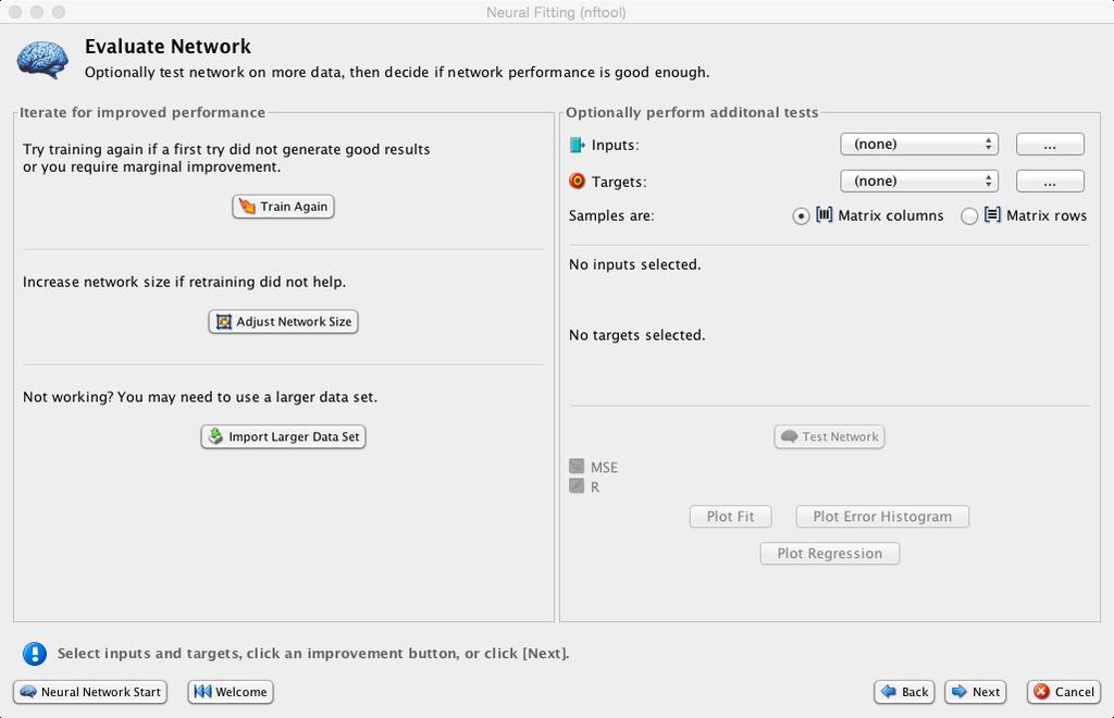 8) Clique no botão Next da janela Neural Network Toolbox Fitting Tool. A caixa de diálogo Evaluate Network irá aparecer a fim de que você avalie a rede (ver figura abaixo).