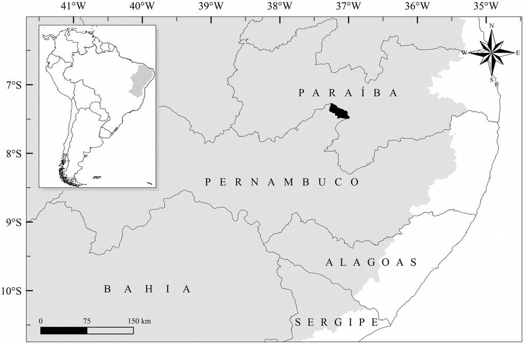 Figura 1 Localização geográfica do município de Itapetim, Pernambuco, nordeste do Brasil (preto).