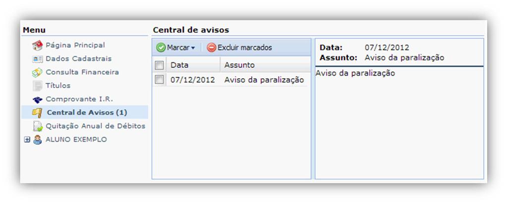 2.13 Central de avisos Exibe os avisos gerados pelo GVcollege para o Portal do Aluno.