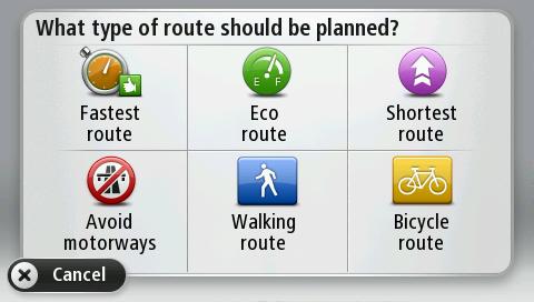 Selecionar um tipo de percurso Sempre que planeia um percurso, pode escolher que lhe seja perguntado o tipo de percurso que pretende planear.