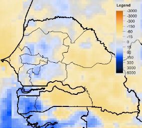 Mapa 3: Precipitação em Relação ao Normal no Senegal, 11-30 de Maio de 2014 (RFE2) Mapa 4: Precipitação em Relação ao Normal no Senegal, Junho de 2014 (RFE2) Mapa 5: Precipitação em Relação ao Normal