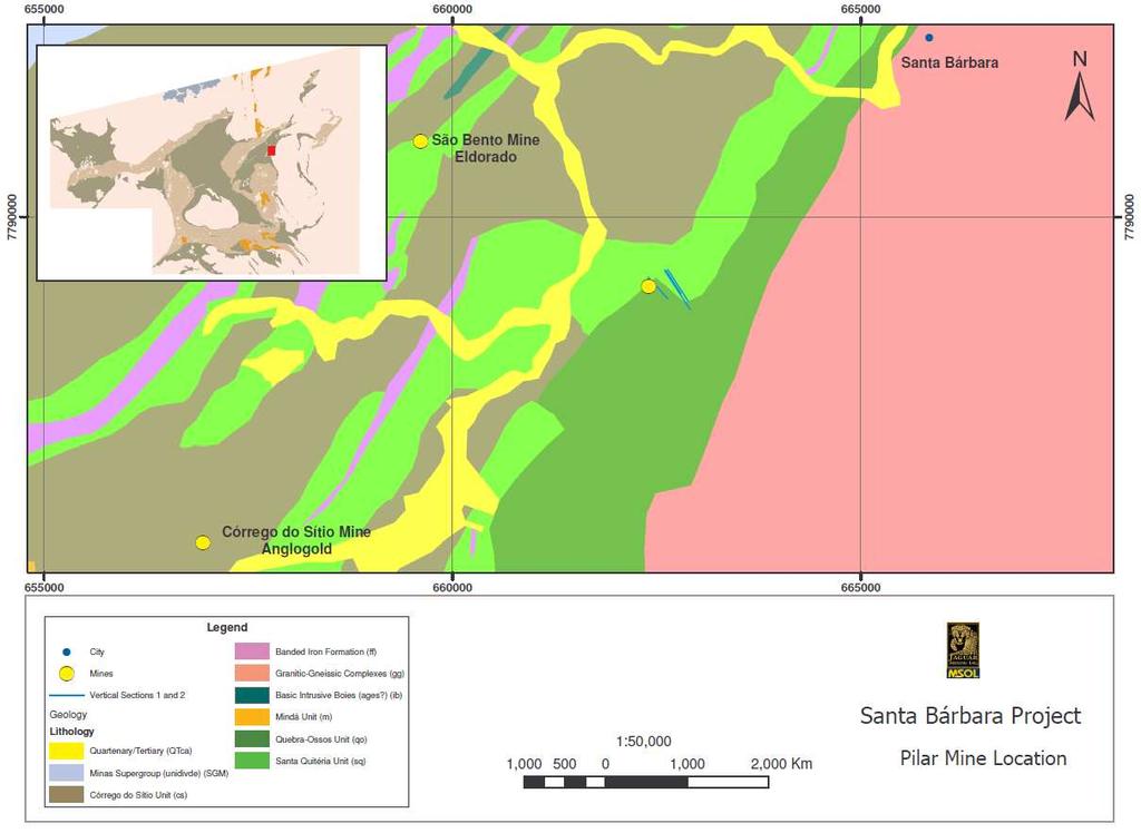 Depósito Pilar Figura 9 Mapa geológico da região de Santa Bárbara/Barão de Cocais com a localização das três principais minas de ouro da região (arquivos MSOL/Jaguar Mining Inc. 2005).