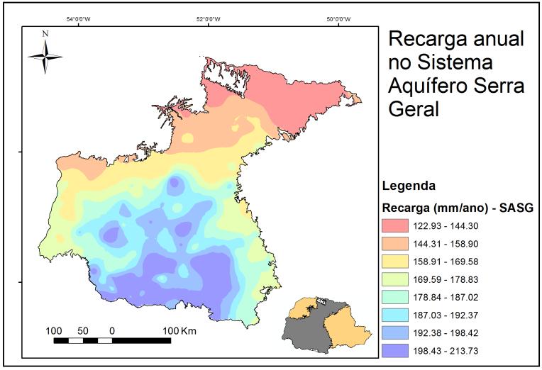 Figura 6: Recarga anual do SASG estimada através do balanço hídrico.