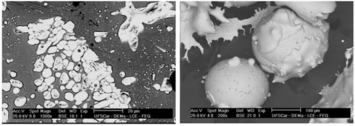 Figura 8. MEV realizado no pó overspray com granulometria maior que 180 µm, seção transversal e a morfologia superficial do pó.