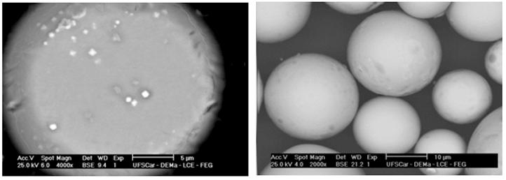 Figura 11. MEV realizado no pó overspray com granulometria entre 20-45 µm, seção transversal e a morfologia superficial do pó.