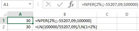 n =? Cálculo: a) Pelo modelo algébrico n = LN (VF / VP) / LN (1 + i) n = LN (100.000 / 55.