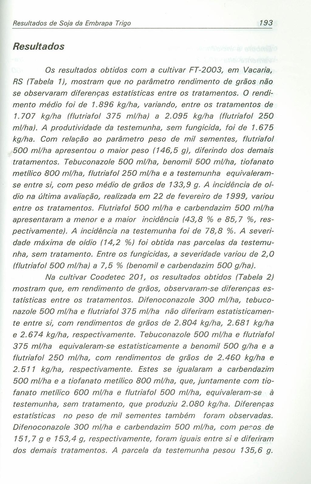 Resultados de Soja da Embrapa Trigo 193 Resultados Os resultados obtidos com a cultivar FT-2003, em Vacaria, RS (Tabela 1), mostram que no parâmetro rendimento de grãos não se observaram diferenças