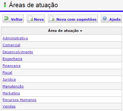 Áreas de Atuação Cadastre as Áreas de Atuação existentes na sua empresa. Elas concentram profissionais que possuem Qualificações semelhantes.