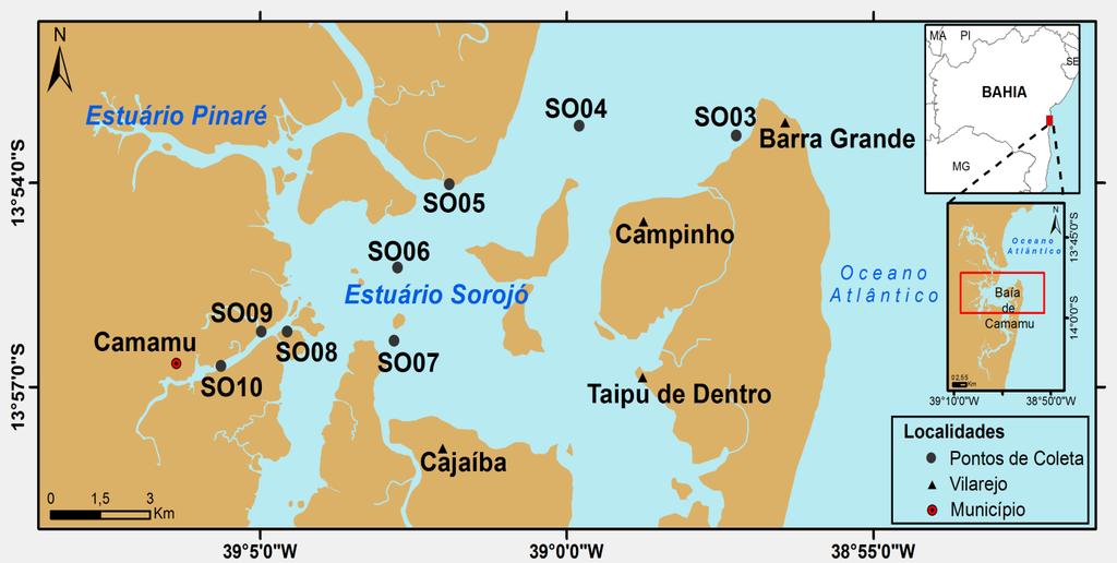 úmidas, praias arenosas e recifes de corais (Amorim, 2005; Brasil, 2002 e 2007; Hatje et al., 2008; Oliveira et al., 2010, Ourives et al., 2011).