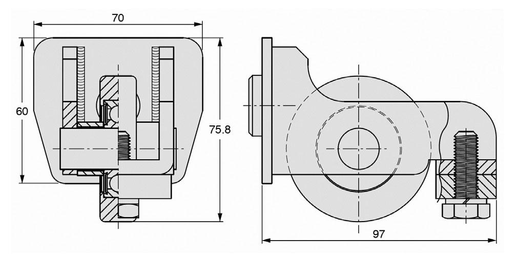 SERIE 900S PORTÕES ATÉ 7 MT E/OU 450 KGS CARRETO REF. VD1100.053 (910S) A = 70 mm B = 110,5 mm C = 134 mm E = 170 mm H = 113 mm L = 169,5 mm GUIA REF. VD1200.