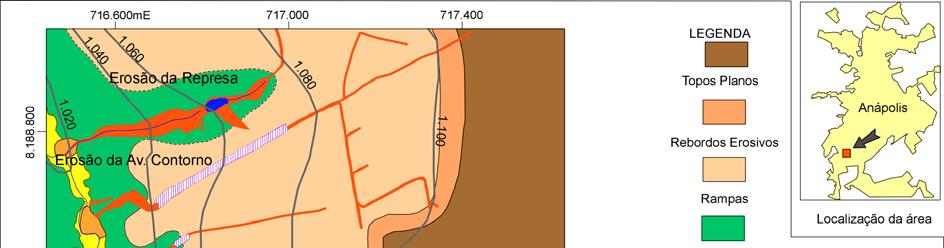 Fig. 1: Compartimentos do relevo no Bairro Polocentro. Fonte: Trabalhos de campo e interpretação de fotografias aéreas e de imagem Ikonos (Lacerda et al., 2005).