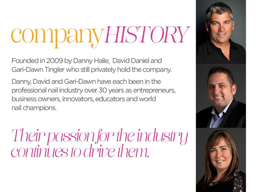 company HISTORY Criado em 2009 por Danny Haile, David Daniel e Gari- Dawn Tingler que ainda continuam a frente da empresa.