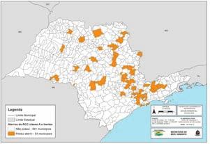 Mapa do Estado de SP com localização de Aterros de Resíduos da Construção Civil