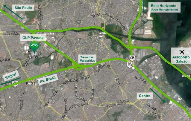 Localização O GLP Pavuna possui acesso pela Rua Embaú, próximo à Rodovia Presidente Dutra, que conecta os estados do Rio de Janeiro e São Paulo, um dos principais eixos logísticos do país.