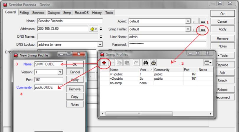 Na tela de Settings da sua Device, clique nos 3 pontinhos do SNMP Profile (1). Na caixa Snmp Profiles (2), clique no + para criar um novo perfil de snmp para seu Dude.