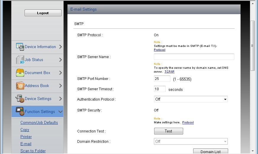 Defina "SMTP (E-mail TX)" para [On] em "Send Protocols".