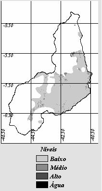 Figura 5 Suscetibilidade geoambiental natural A suscetibilidade geoambiental antrópica (SGA) das terras secas do estado do Piauí à desertificação, obtida pela combinação dos índices e é indicada no
