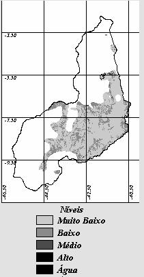 A Figura 3 indica o potencial de erosão antrópica dos solos das terras secas do Estado do Piauí, e é resultado como afirmado anteriormente de uma simulação.