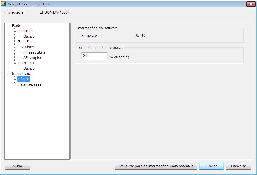 Verificar/alterar as definições de rede da impressora Para verificar as informações do software/para verificar as definições de tempo limite da impressora Ecrã que aparece quando selecciona