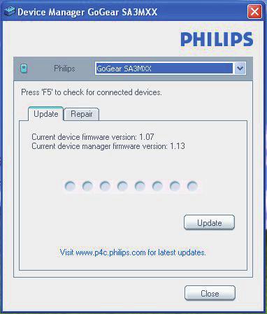 5 Atualize o firmware por meio do Philips Device Manager Instale o Philips Device Manager. 1 Verifique se o PC está conectado à Internet. 2 Inicie o Philips Device Manager.