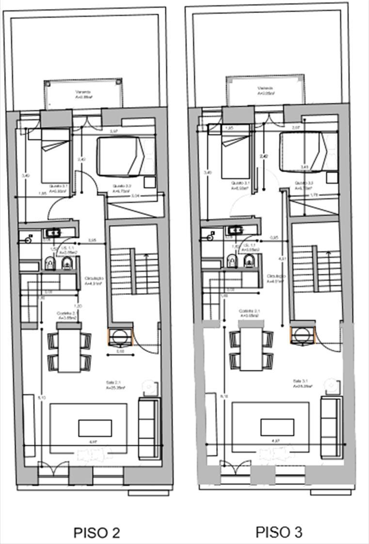 Floor PISO 2 E 3 Composição: Sala 25,35m2 Cozinha 3,65m2 Quarto 10m2