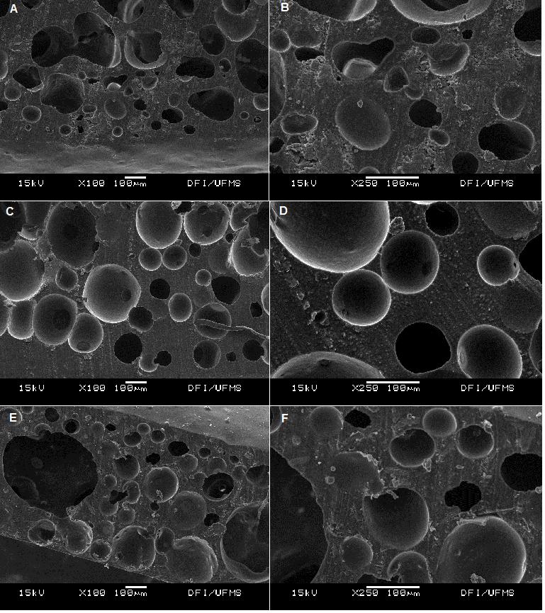 44 Figura 9 - Montagem de fotomicrografia realizada através da MEV obtida das hastes de polímero de mamona não implantado. A e B Polímero de mamona dopado com vidro bioativo.