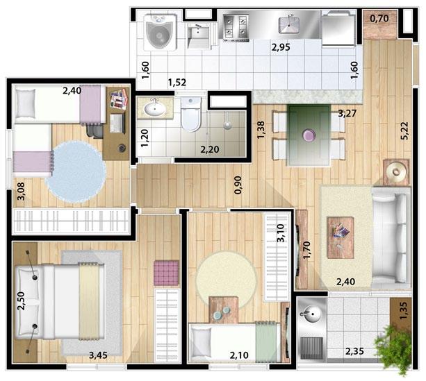 : As opções de living ampliado (sala ampliada), cozinha americana (cozinha aberta) e terraço grill são opcionais.