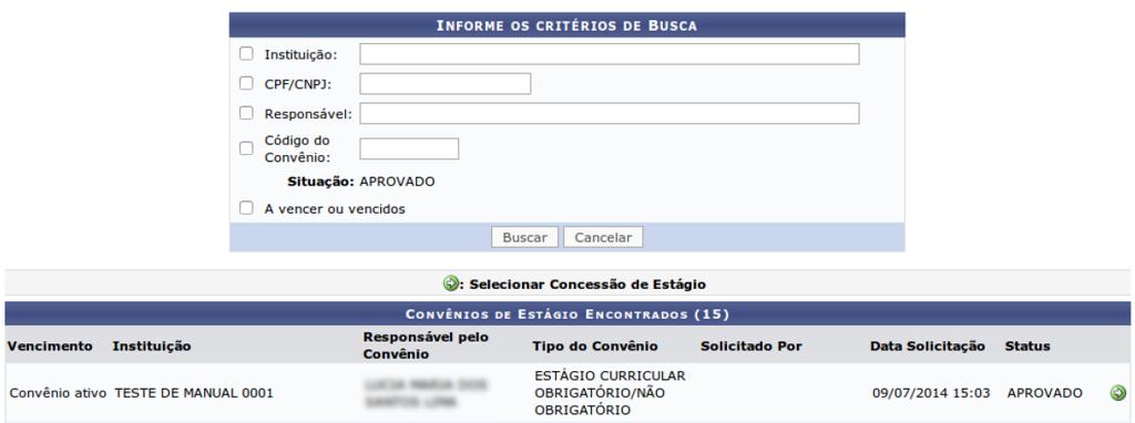 Depois de selecionar o aluno, será exibida uma tela para fazer a busca da instituição que será o