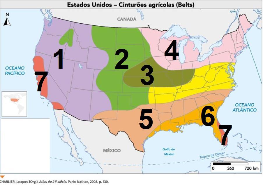 16. Os belts agropecuários dos EUA são áreas onde predominam um tipo de cultura agrícola ou criação, áreas que são caracterizadas por especialização, grande mecanização e, por consequência, uma