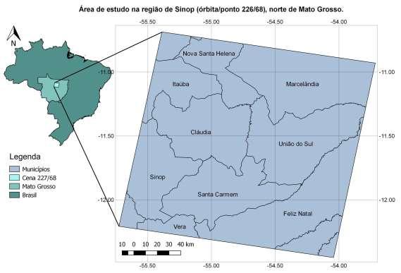 2. Material e métodos 2.1. Área de estudo A área de estudo compreende a órbita/ponto 226/68 do sensor TM/Landsat que envolve a região de Sinop no estado de Mato Grosso (Figura 1).