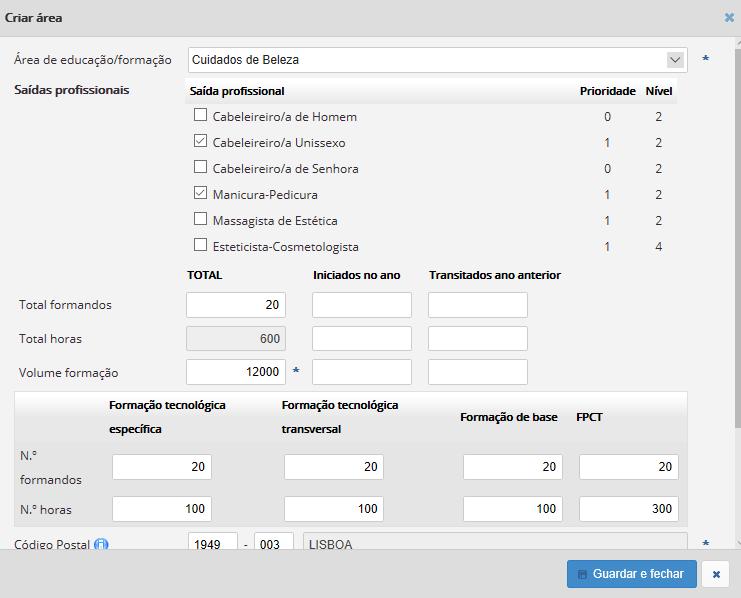 Figura 9: Editor de áreas de formação / saídas profissionais de uma candidatura.