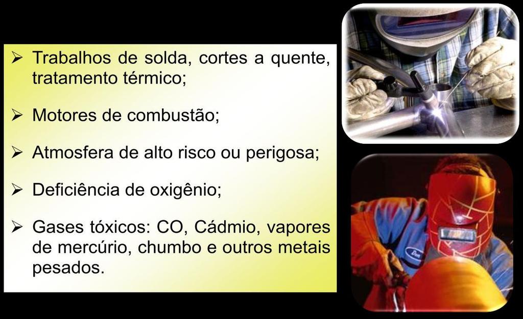 EXEMPLOS DE FONTES DE IGNIÇÃO Energia Solda Elétrica Solda Maçarico - Acetileno Solda Branca Ferramentas que produzem faíscas Ponteiro, Esmeril, Maquita, Furadeira, Lixeira, Martelo, Britadeira.