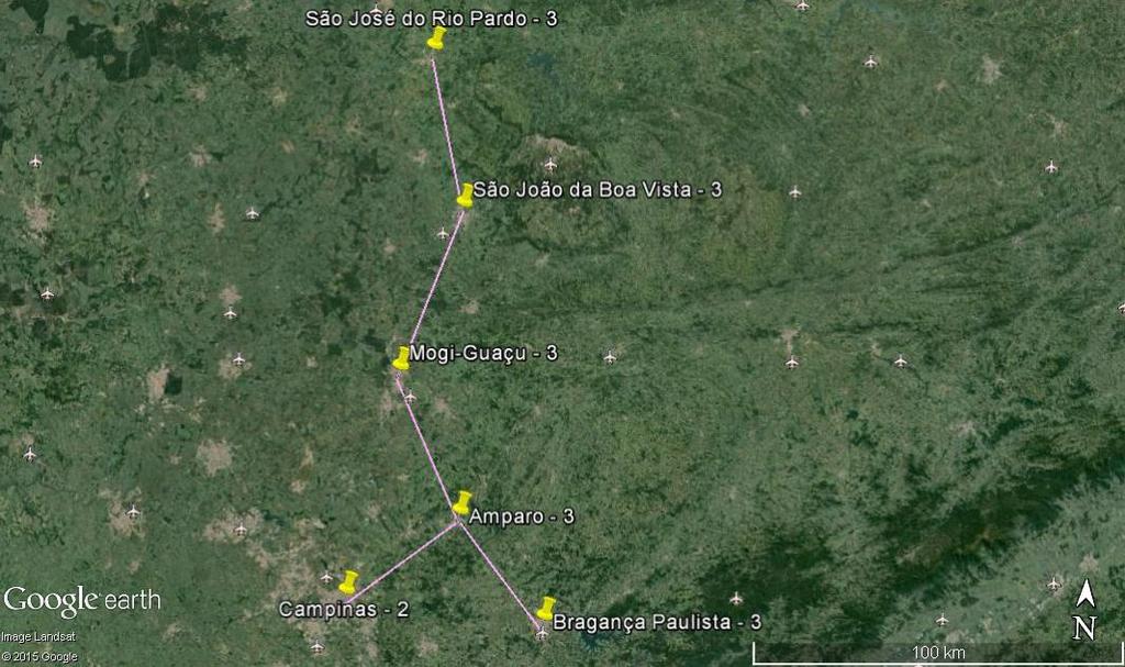 Figura 13 Linha Campinas-São José do Rio Pardo e ramal a Bragança Paulista O último trecho estudado conta com 8 estações e 482km de vias, permitindo, por fim, integrar as cidades de Olímpia, Barretos